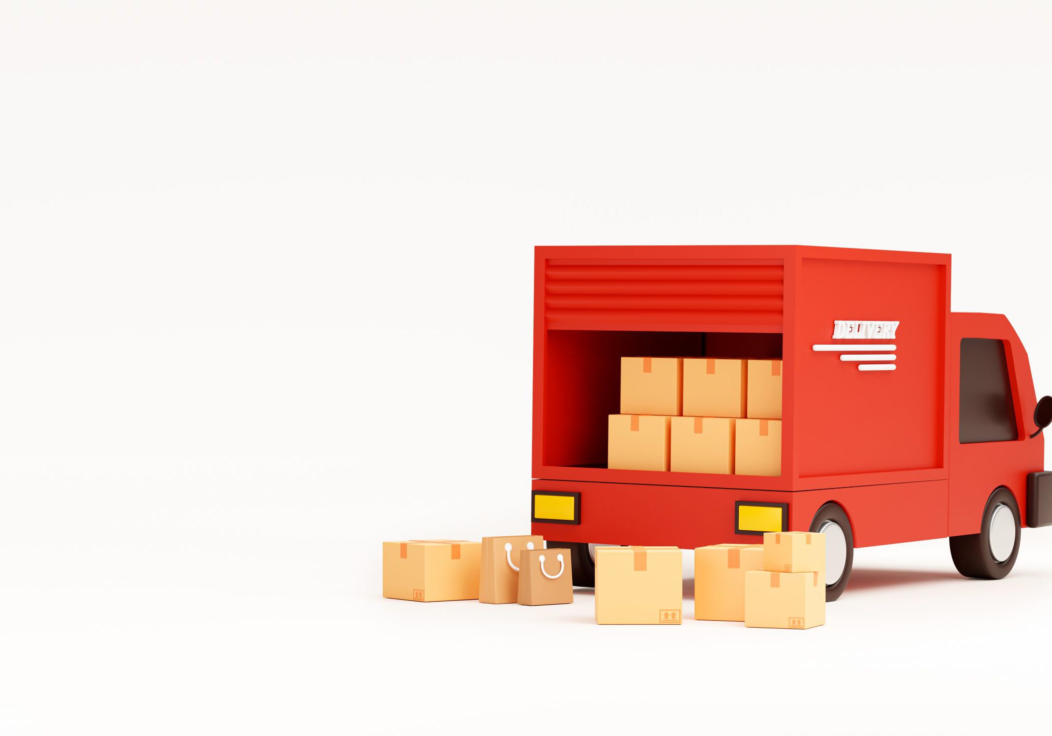Red delivery car deliver express with cardboard boxes cartoon shipping and transportation concept on white website banner background 3d rendering